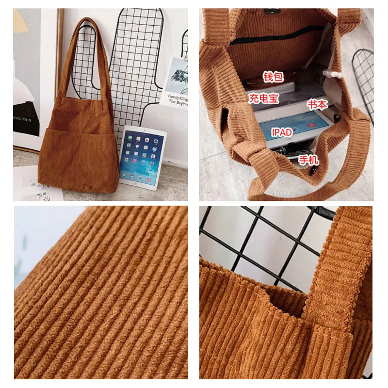 Corduroy Totes Bag Casual Handbag for School Work Travel Shopping