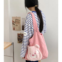 Cotton Canvas Tote Shoulder Bag Plush Bear Handbag Girl's Bookbag Shopping Bags