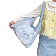 Cotton Canvas Tote Shoulder Bag Plush Bear Handbag Girl's Bookbag Shopping Bags