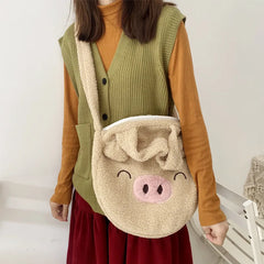 Plush Piglet Crossbody Bag Cartoon Soft Shoulder Purse With Zipper