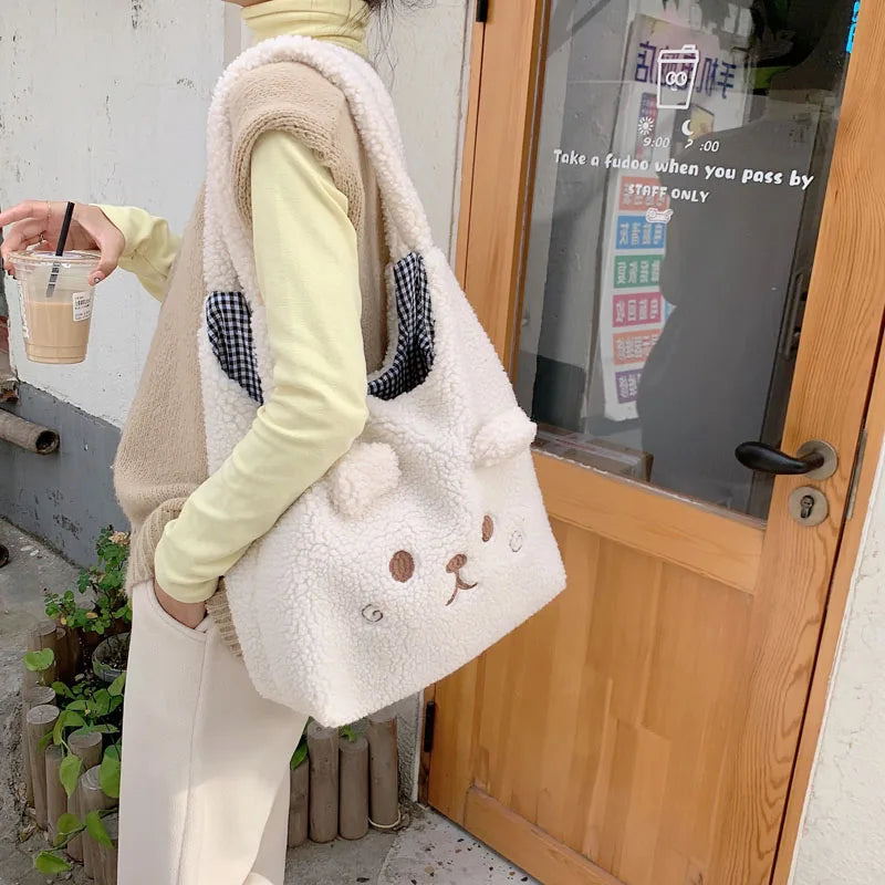 Plush Vest Bag Bear Ear Girl Shoulder Bags Lamb Hair Handbag