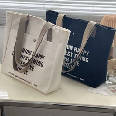 Canvas Shoulder Bag With Zipper Cotton Letter Printing Portable Tote Bags