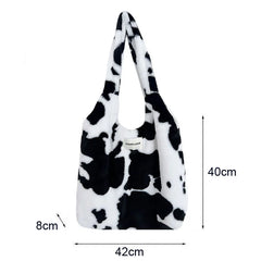 Winter Cow Print Plush Shoulder Bag for Women