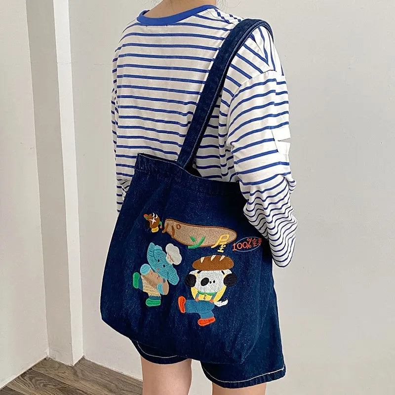 Washed Cowboy Shoulder Bag Cartoon Embroidery Large Capacity Tote Bags