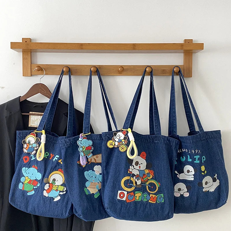 Washed Cowboy Shoulder Bag Cartoon Embroidery Large Capacity Tote Bags