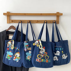 Washed Cowboy Shoulder Bag Cartoon Embroidery Large Capacity Tote Bags