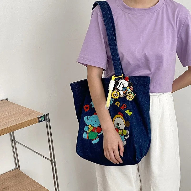 Washed Cowboy Shoulder Bag Cartoon Embroidery Large Capacity Tote Bags