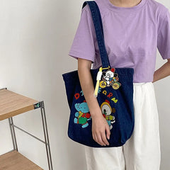 Washed Cowboy Shoulder Bag Cartoon Embroidery Large Capacity Tote Bags