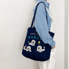 Washed Cowboy Shoulder Bag Cartoon Embroidery Large Capacity Tote Bags