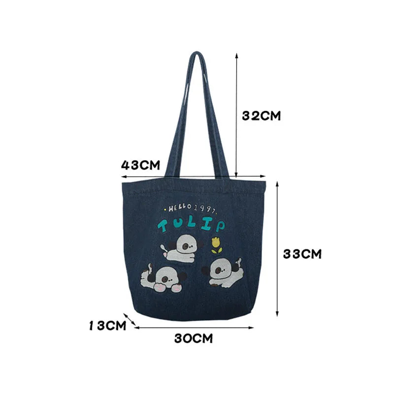 Washed Cowboy Shoulder Bag Cartoon Embroidery Large Capacity Tote Bags