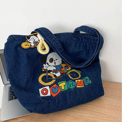 Washed Cowboy Shoulder Bag Cartoon Embroidery Large Capacity Tote Bags