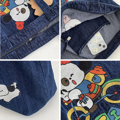Washed Cowboy Shoulder Bag Cartoon Embroidery Large Capacity Tote Bags