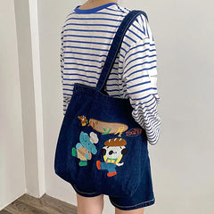 Washed Cowboy Shoulder Bag Cartoon Embroidery Large Capacity Tote Bags