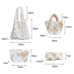 Plush Checker Shoulder Bag Lamb Wool Cosmetic Bags