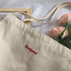 Female Shoulder Bag Canvas Tote Bonjour Embroidery Handbags Large Capacity