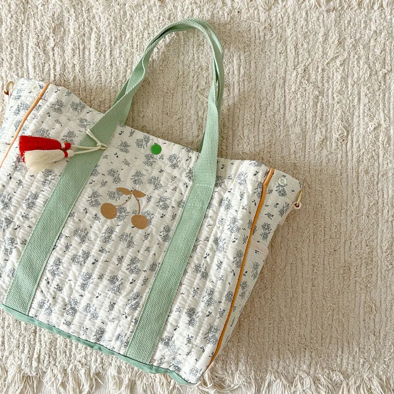 Cherry Embroidery Shoulder Bag Cotton Diaper Mother Baby Handbag