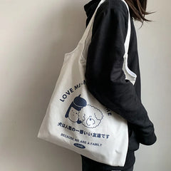 Cartoon Dog Pattern Canvas Tote Bag Eco-Friendly Shopping Bag for Women