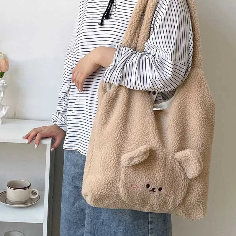 Ladies Winter Warm Lamb Wool Cotton Tote Bag Plush Shoulder Bags