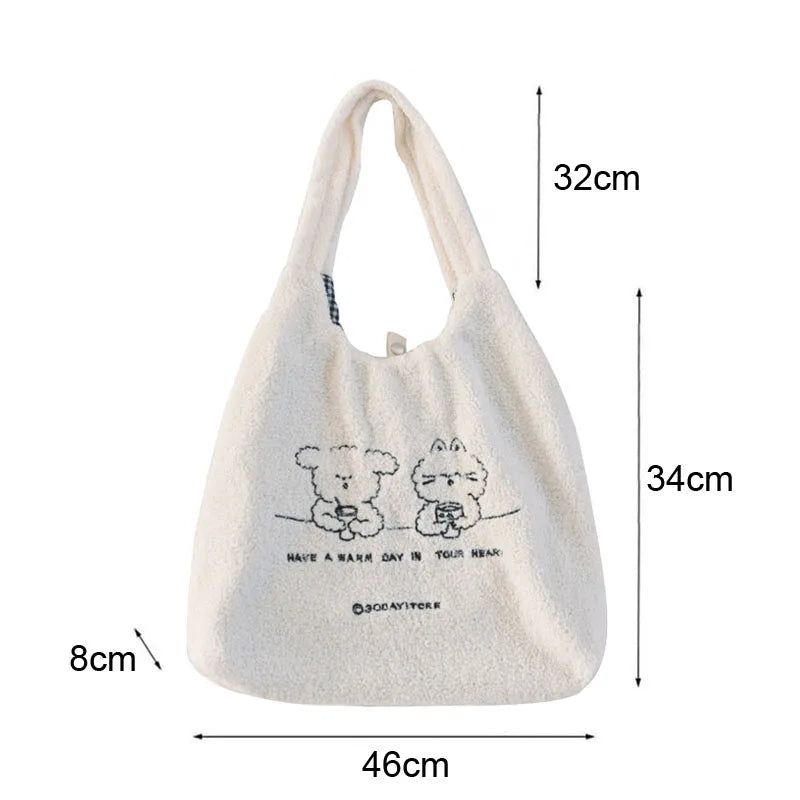 Lamb Faux Fur Women Shoulder Bag Plush Cloth Fabric Cartoon Handbag
