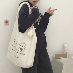 Lamb Faux Fur Women Shoulder Bag Plush Cloth Fabric Cartoon Handbag
