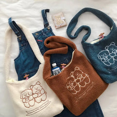 Plush Tote Shoulder Bag Cartoon Prints Embroidery Messenger Bag