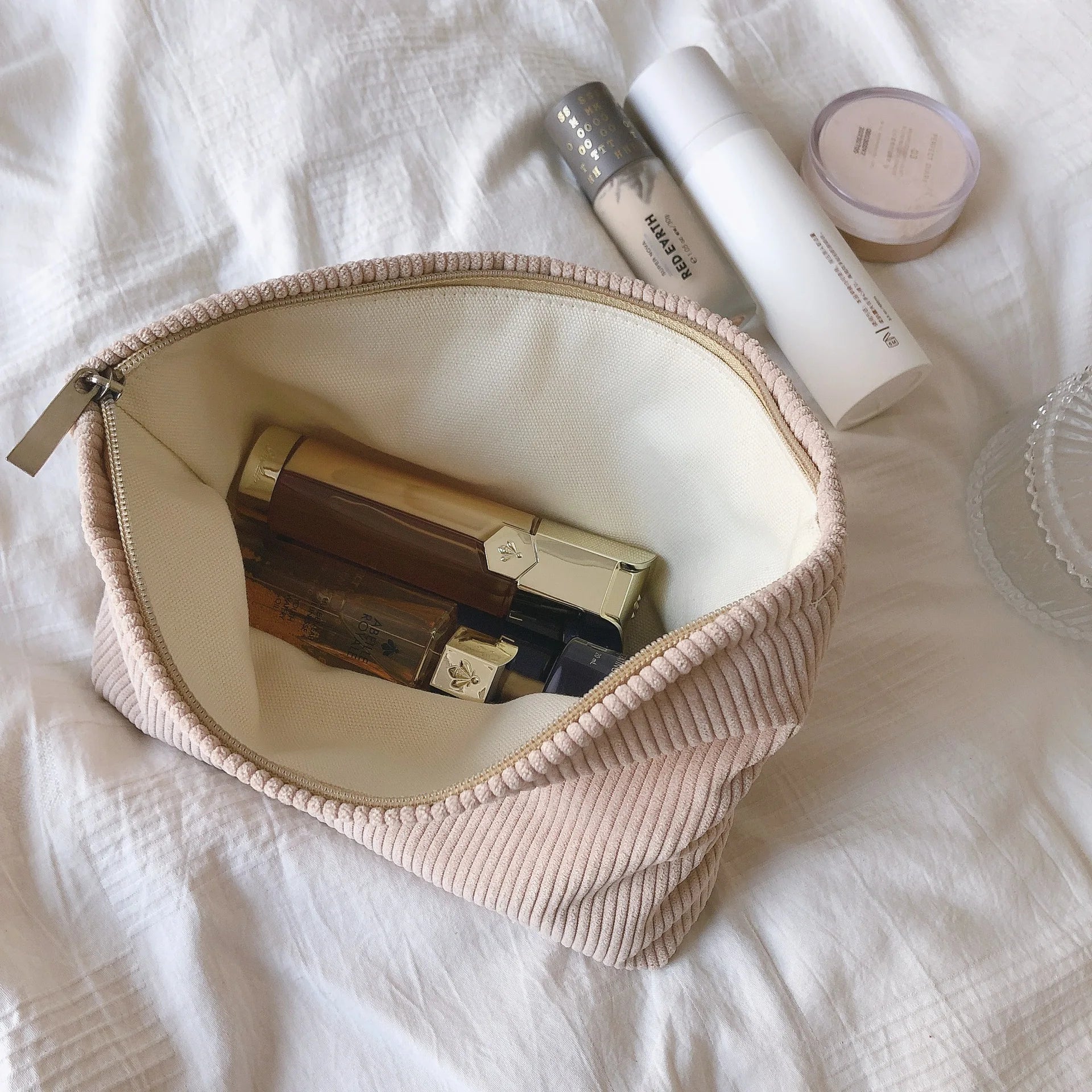 Large Women Corduroy Cloth Cosmetic Bag Zipper Make Up Bags Travel
