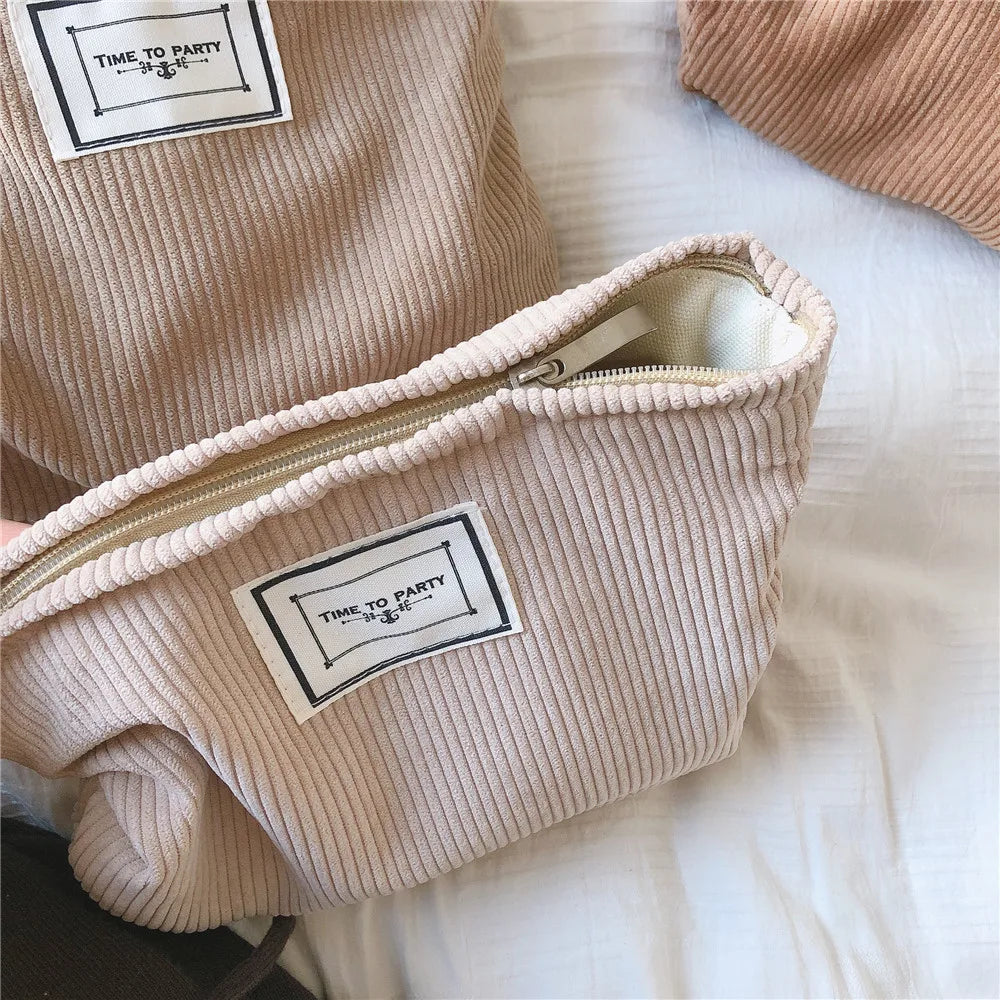 Large Women Corduroy Cloth Cosmetic Bag Zipper Make Up Bags Travel