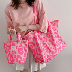 Pink Leopard Shoulder Bag Large Capacity Casual Totes Ladies Canvas Bags