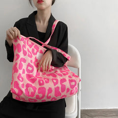 Pink Leopard Shoulder Bag Large Capacity Casual Totes Ladies Canvas Bags
