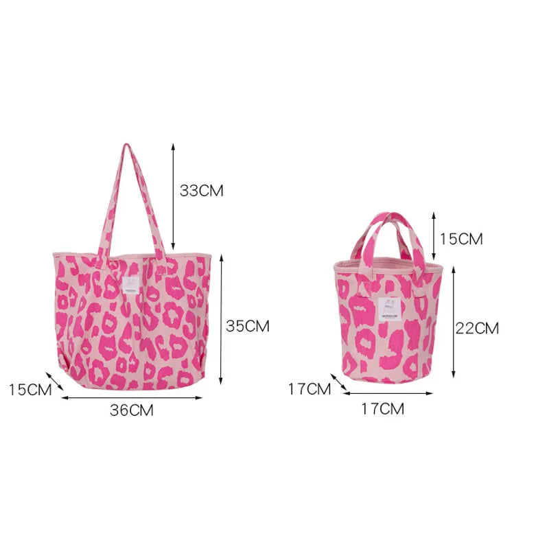 Pink Leopard Shoulder Bag Large Capacity Casual Totes Ladies Canvas Bags