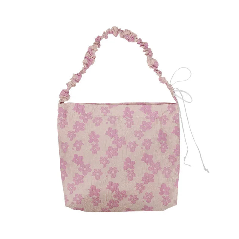 Pink Flower Pleated Handbag Single Shoulder Bag Casual Totes