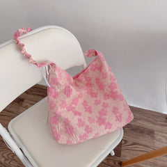 Pink Flower Pleated Handbag Single Shoulder Bag Casual Totes