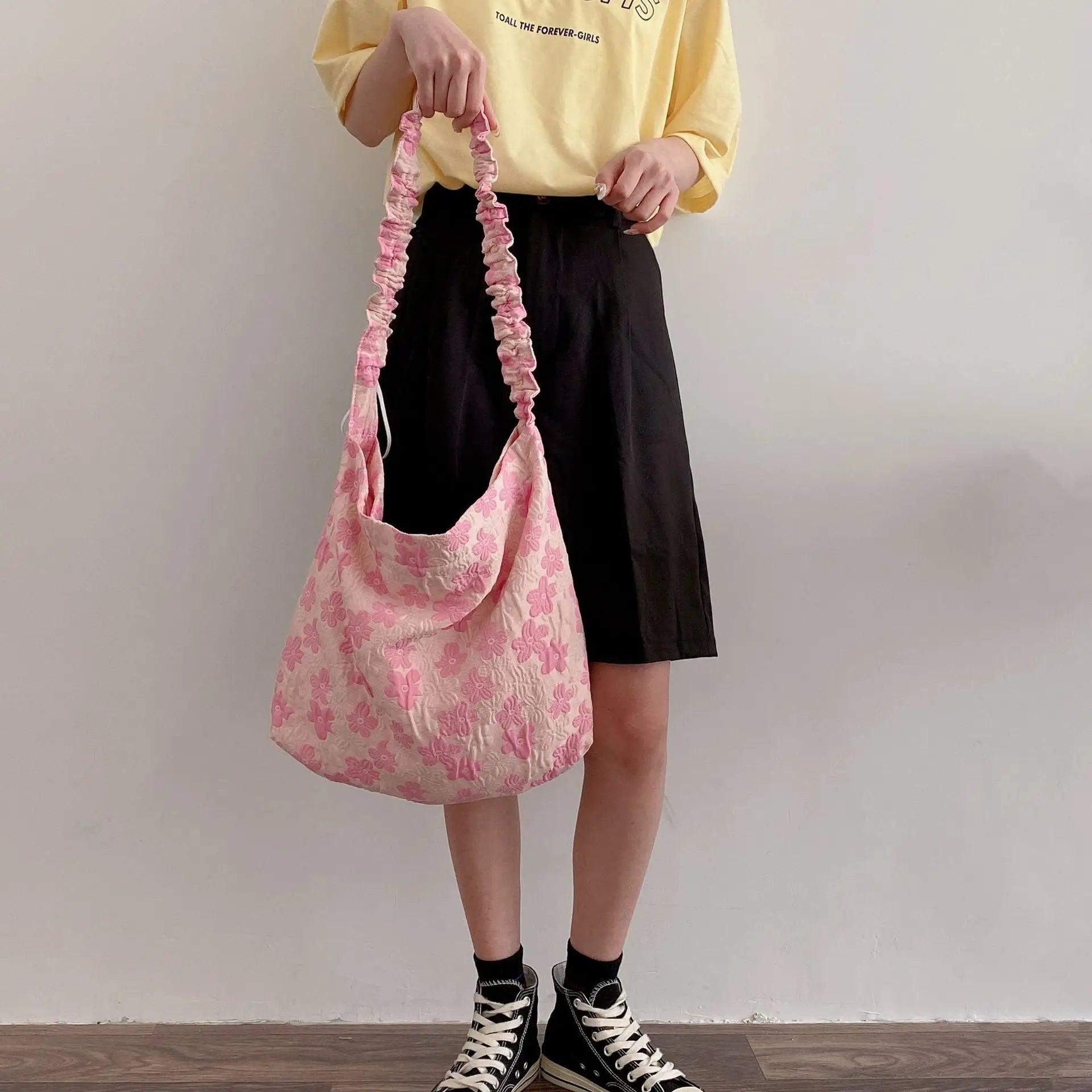 Pink Flower Pleated Handbag Single Shoulder Bag Casual Totes