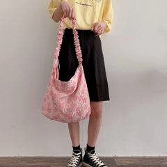 Pink Flower Pleated Handbag Single Shoulder Bag Casual Totes