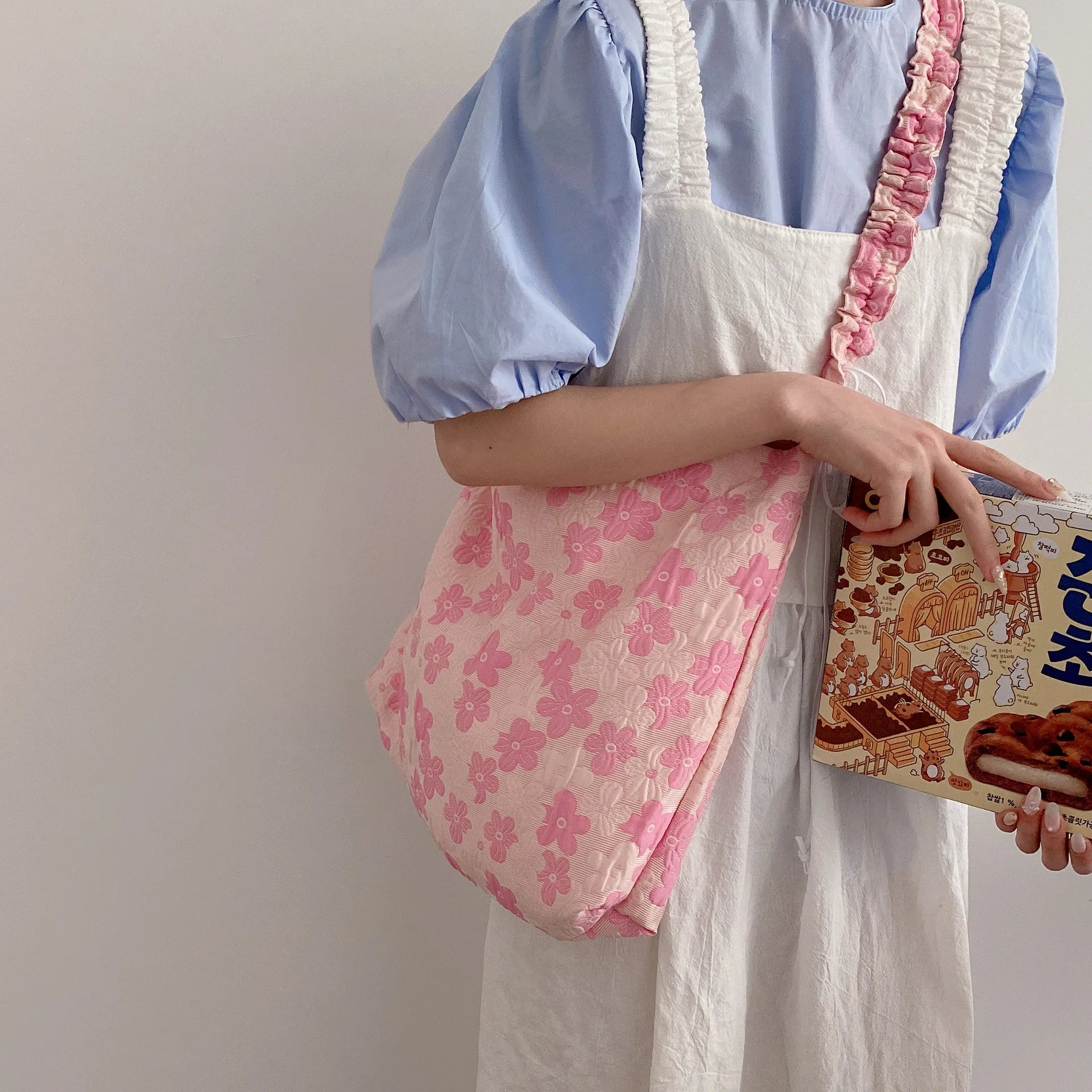 Pink Flower Pleated Handbag Single Shoulder Bag Casual Totes