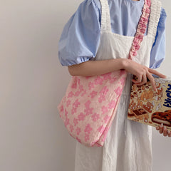Pink Flower Pleated Handbag Single Shoulder Bag Casual Totes