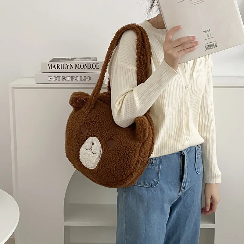 Cartoon Bear Shoulder Bag Plush Purse Handbag with Zipper