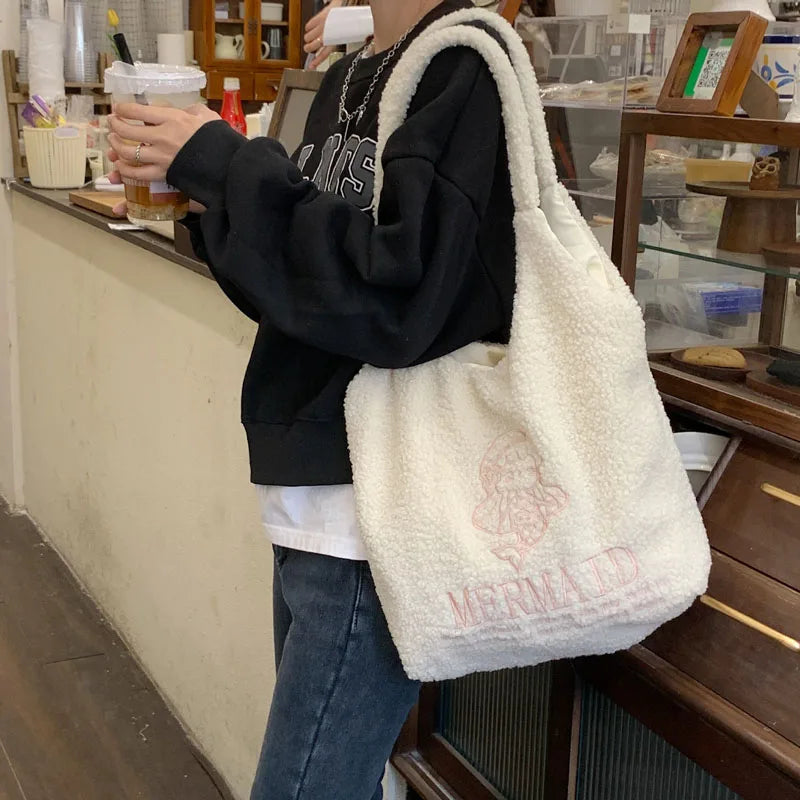 Plush Shoulder Tote Bags Girl Vest Embroidery Handbag