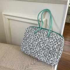 Quilted Cotton Shoulder Bag Green Flowers Large Capacity Handbag