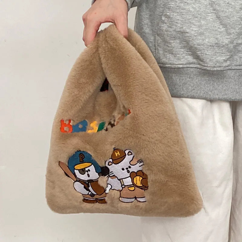 Rabbit Embroidery Travel Shoulder Bag Plush Crossbody Messenger Bags