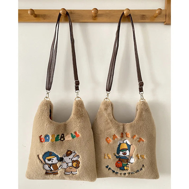 Rabbit Embroidery Travel Shoulder Bag Plush Crossbody Messenger Bags