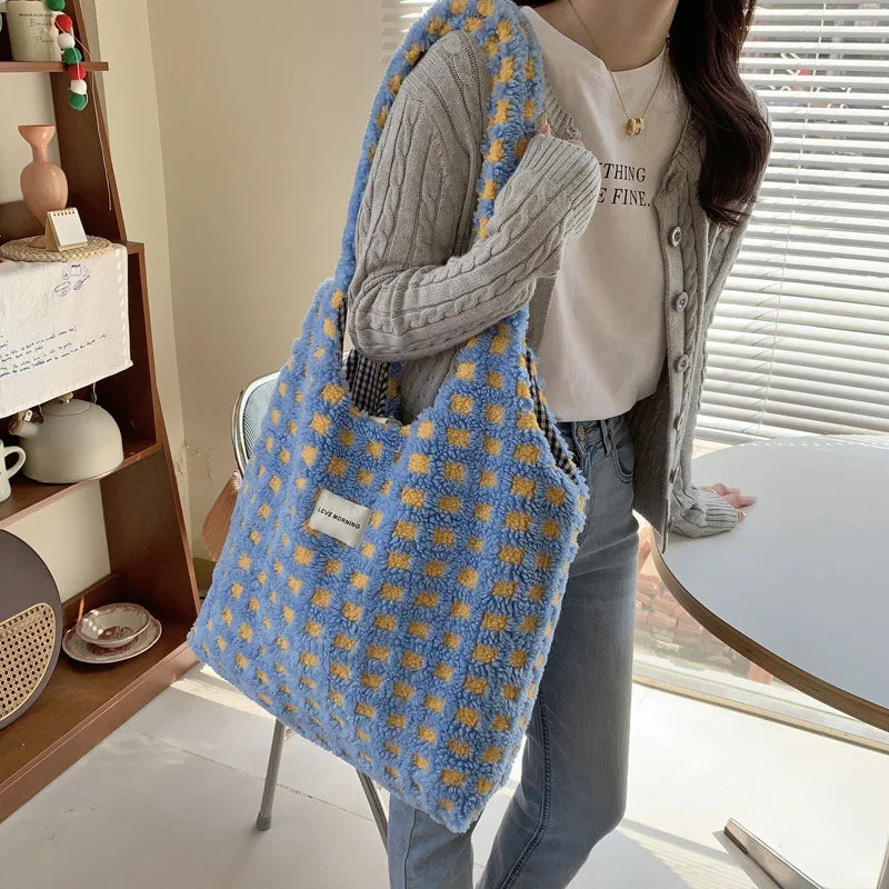Plush Checked Shoulder Bag Large Capacity Tote Shopping Bags Soft Handbag
