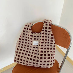 Plush Checked Shoulder Bag Large Capacity Tote Shopping Bags Soft Handbag