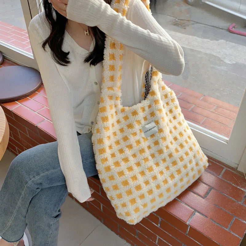 Plush Checked Shoulder Bag Large Capacity Tote Shopping Bags Soft Handbag