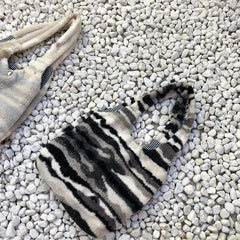 Winter Plush Shoulder Bag Women's Large Capacity Tote Stripe Ink Pattern Fluffy
