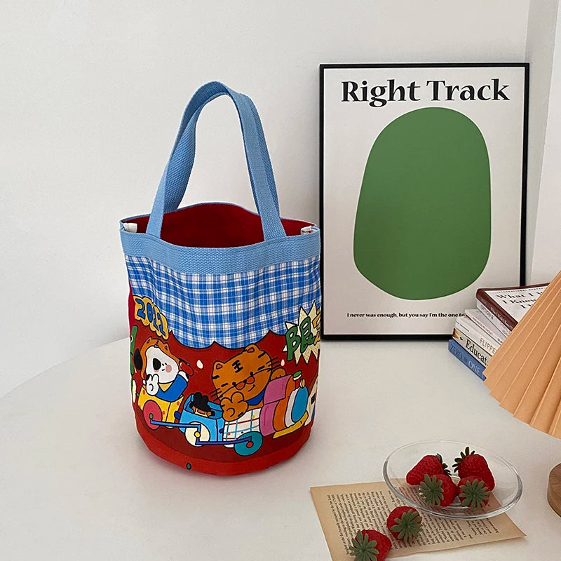 Woman's Cartoon Bucket Tote Bag Large Capacity Handbag Canvas Bento Bags