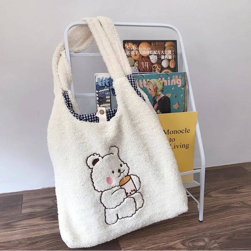 Canvas Tote Purse Shoulder Bag Bear Embroider Handbag