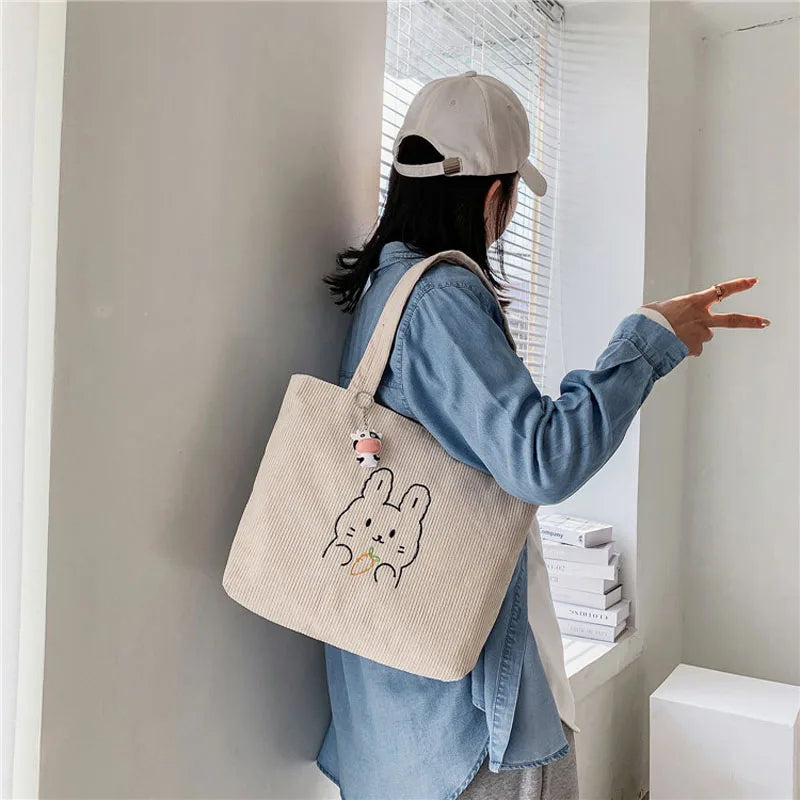 Women Corduroy Handbag Canvas Shoulder Bag Large Capacity Bear Tote Female Bags
