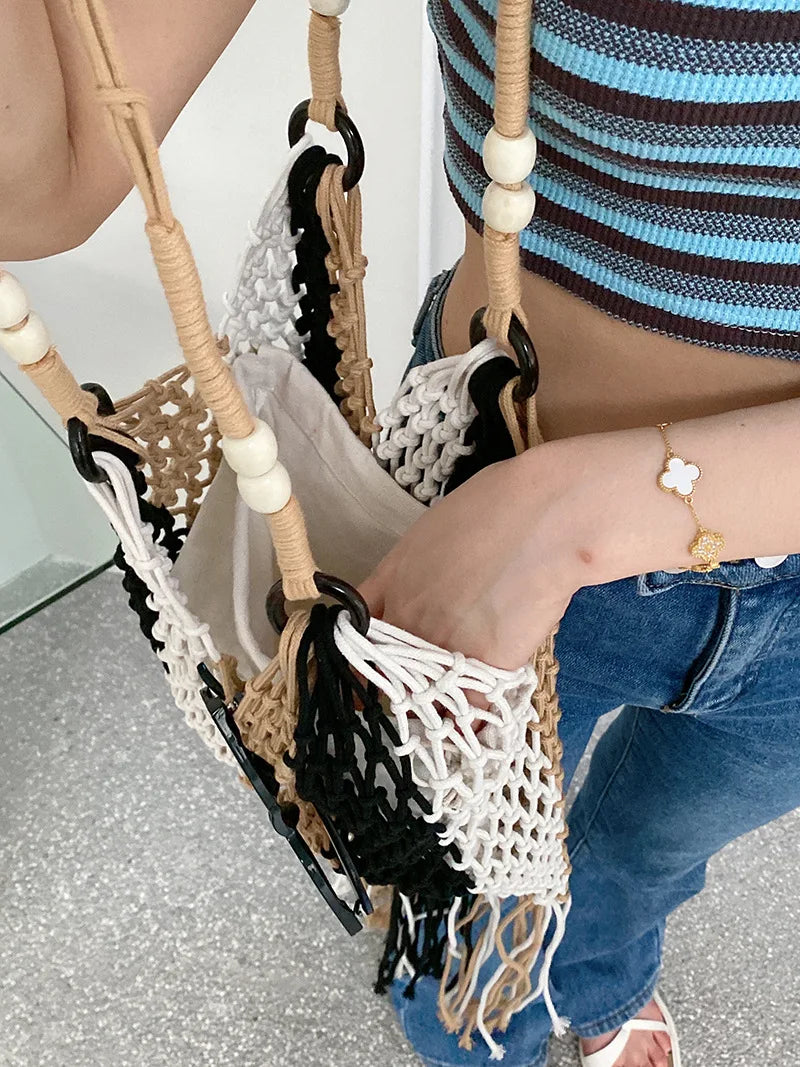 Colorful Summer Beach Bag Woven Knitted Straw Handbag Tassel Shoulder Bags