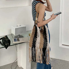 Colorful Summer Beach Bag Woven Knitted Straw Handbag Tassel Shoulder Bags